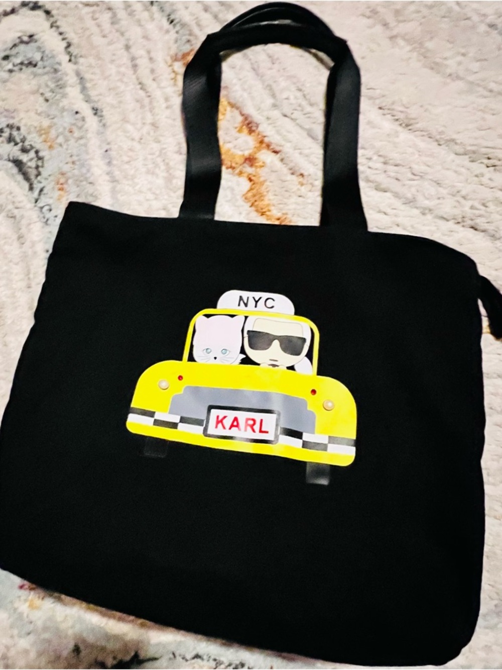 Karl Lagerfeld Black Tote with Yellow Taxi and Character Graphic